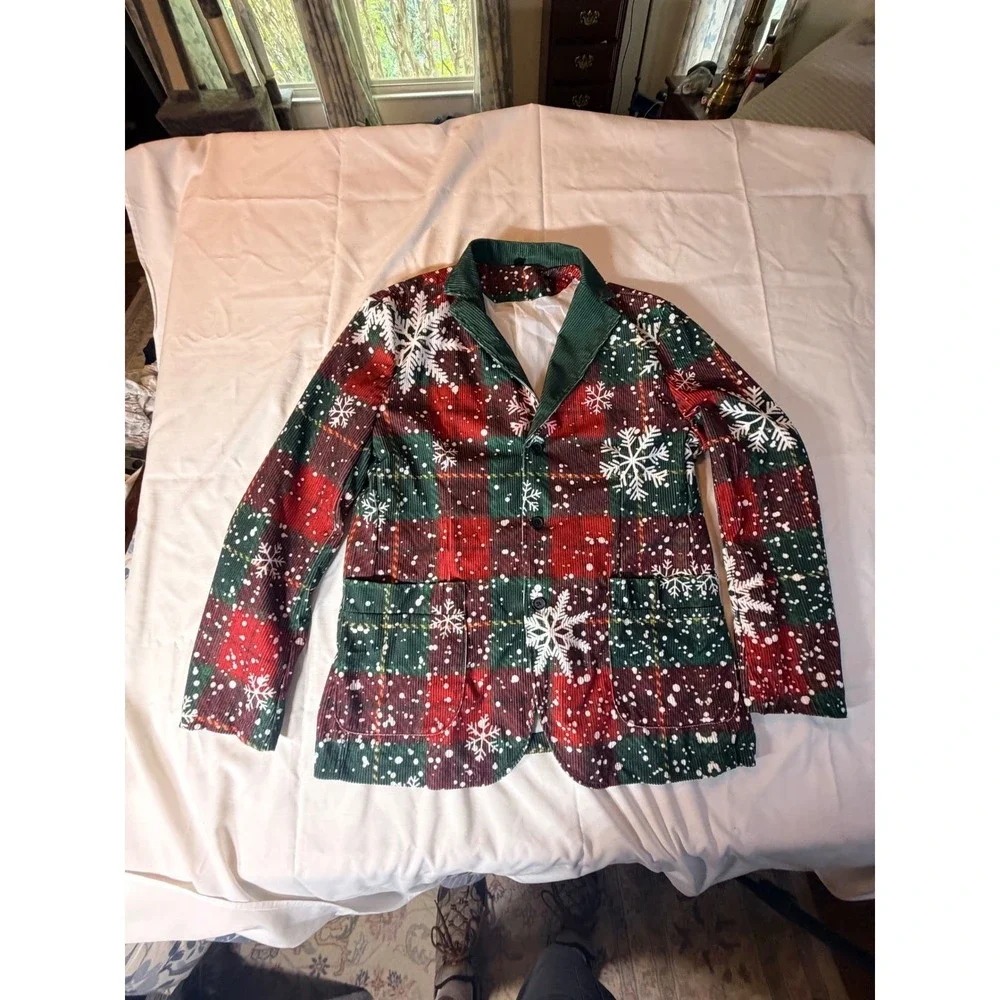 Mens Christmas Corduroy Blazer Jacket Red Green Plaid Snowflake Holiday 2XL